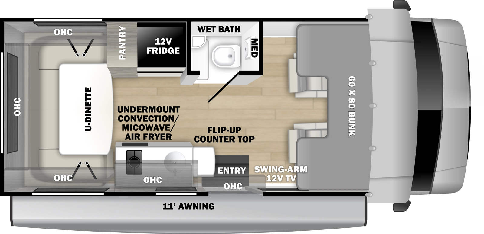 The Solera 19N floorplan has one entry and zero slide outs. Exterior features include: 11' awning. Interiors features include: bunk over cab, u-dinette and dinette.